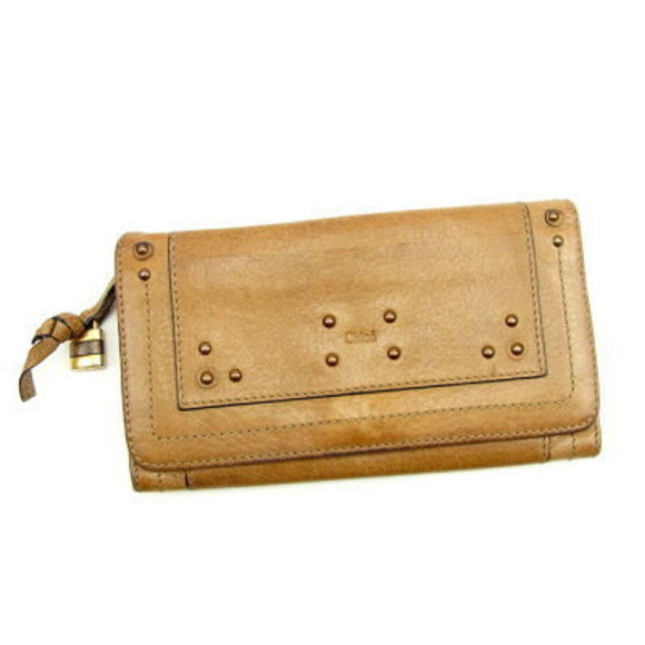 Chloe long Wallet zipper padlock charm brown leather studded - Picture 1 of 6